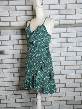 SHEIN Allover Heart Print Ruffle Wrap Cami Dress Green Sleeveless Medium